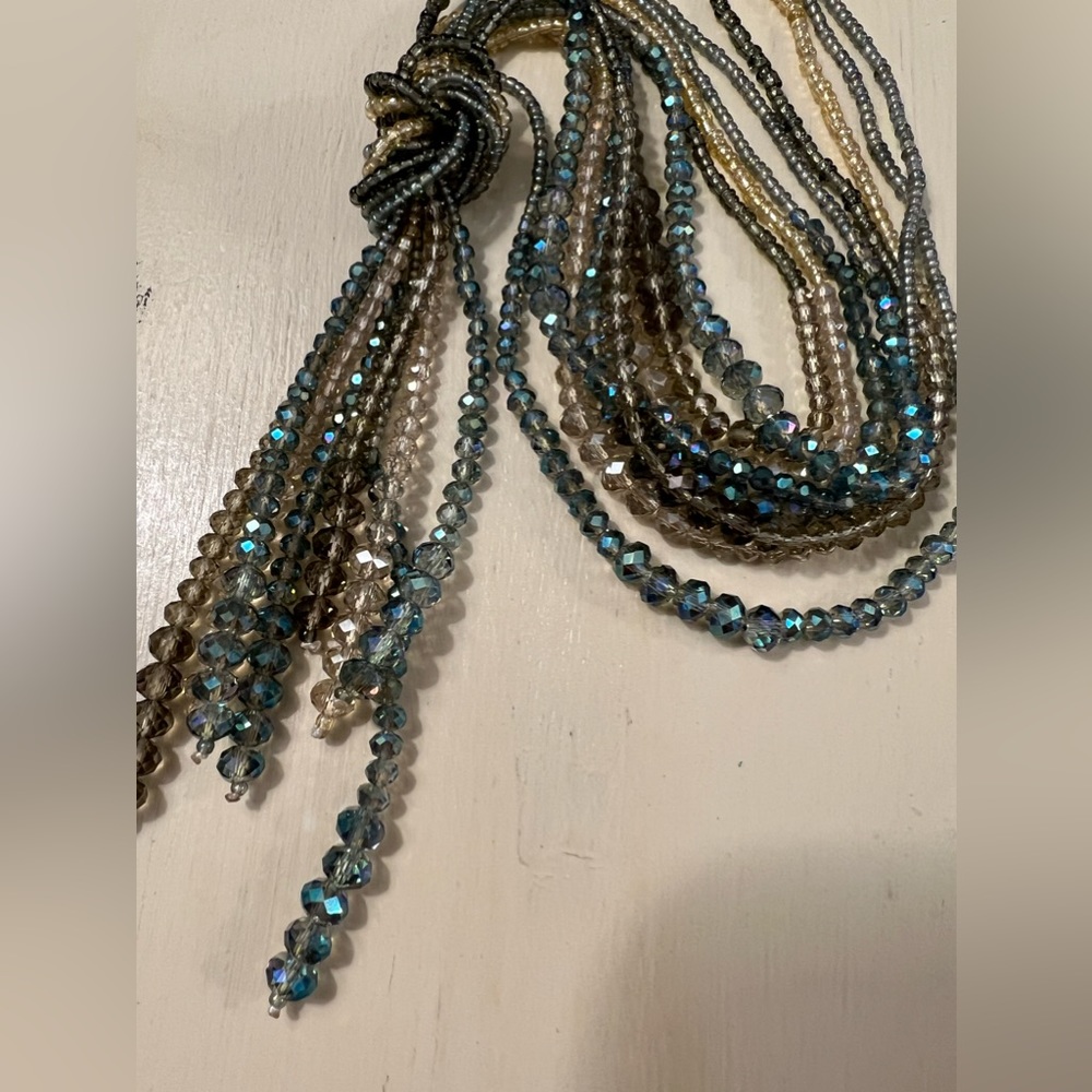Blue and tan glass beaded necklace